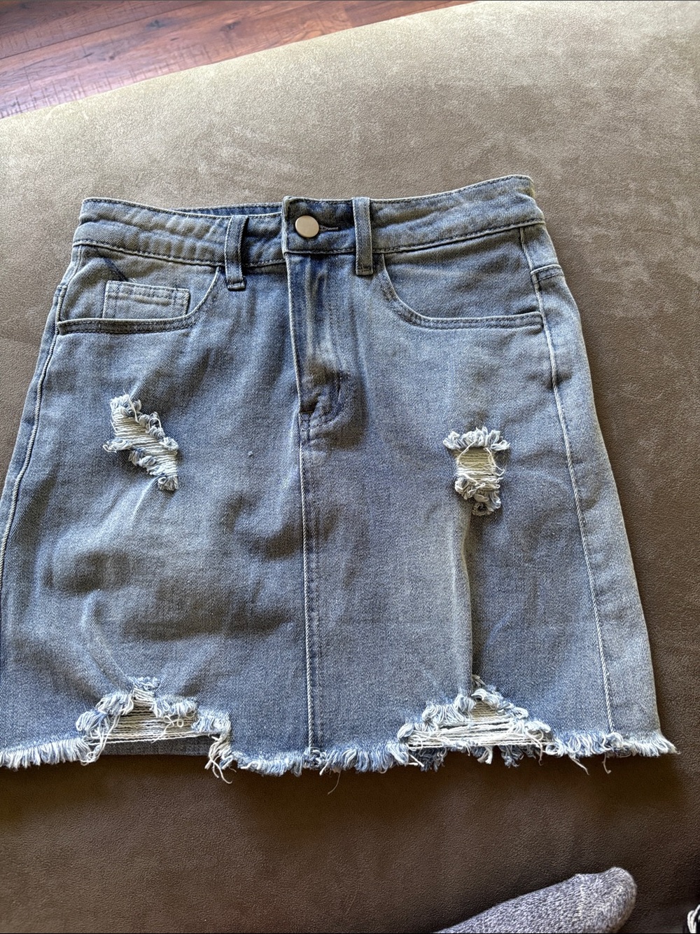 Frayed Distressed Denim Mini Skirt - Light Blue